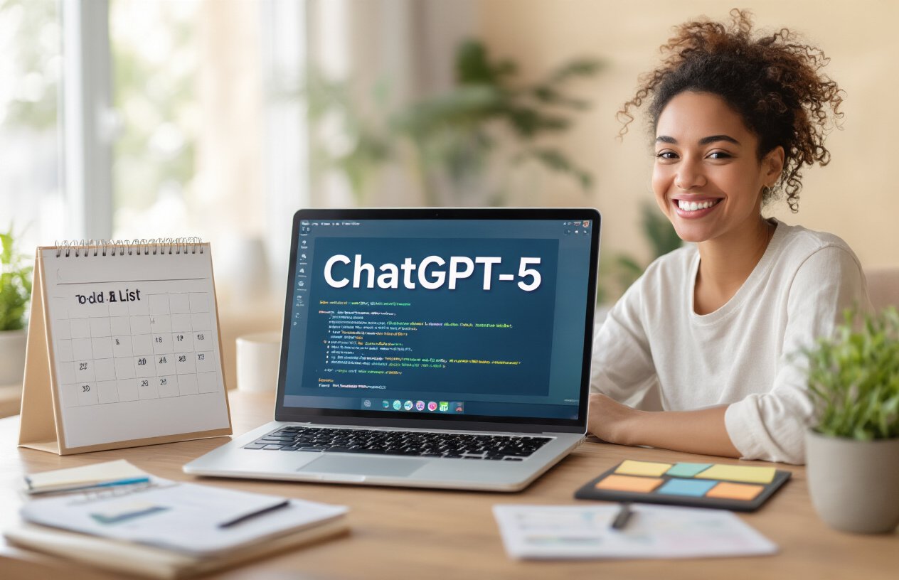 Create a realistic image of a person of unspecified race or gender smiling confidently while using a laptop with ChatGPT-5 interface visible on screen, surrounded by productivity tools like a calendar, to-do list, and digital notes, with soft natural lighting creating a warm, accomplished atmosphere, symbolizing mastery of AI for everyday productivity.