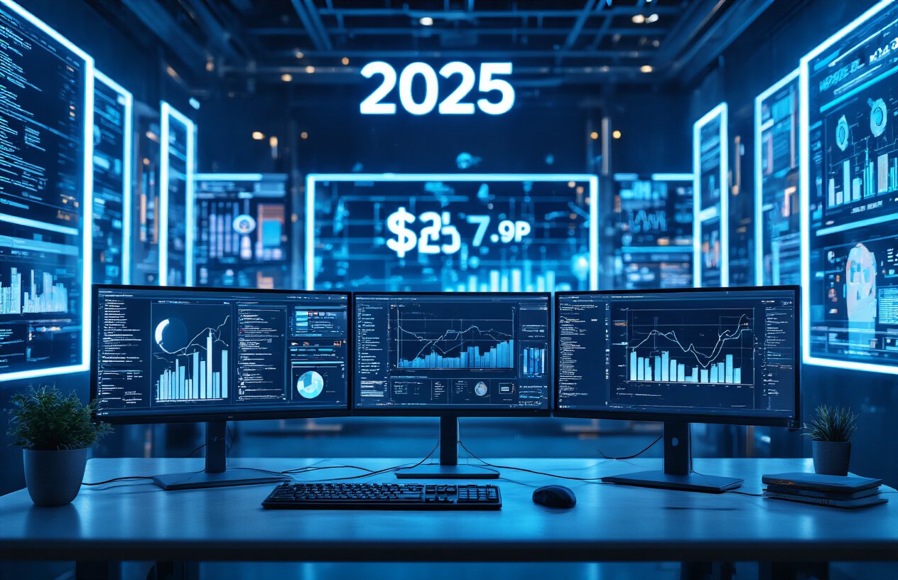 Create a realistic image of a professional workspace with multiple monitors displaying different AI software interfaces side by side, with traditional expensive software logos fading away in the background, a digital cost comparison chart showing significant savings, all bathed in a futuristic blue lighting that gives a forward-looking 2025 ambience.